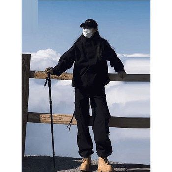 Black Paratrooper Cargo Pants for Women, Fleece-Lined, Loose-Fitting, Hiking Outdoor Climbing Pants, Plus Size, Windproof and Waterproof