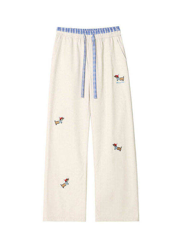 Puppy Embroidered Elastic Waist Pants for Petite Women, Autumn and Winter Sports Loose Straight-Leg Wide-Leg Trousers for Middle and High School Students