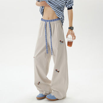 Puppy Embroidered Elastic Waist Pants for Petite Women, Autumn and Winter Sports Loose Straight-Leg Wide-Leg Trousers for Middle and High School Students
