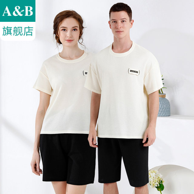 ab underwear pure cotton waffle short-sleeved mid-pants casual men and women's couple home set J007/J008