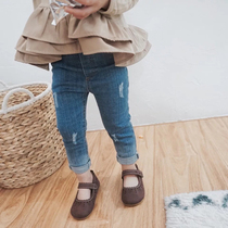 Childrens clothing 21 Autumn Girl Baby Girl Sashimi Pants Children 100 Hitch Elastic Small Feet Female Baby Tight Pants Tide