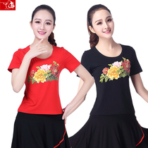 Summer dance coat womens short sleeve modal square dance costume middle-aged and elderly practice uniform round neck fitness dancing clothes