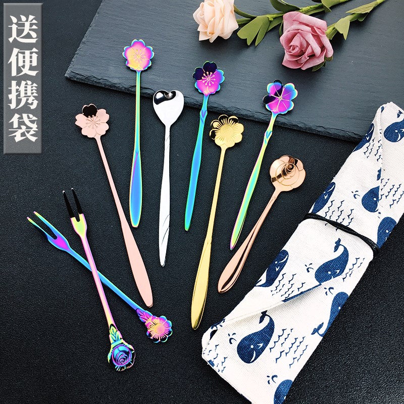 ins304 Net red Sakura spoon household tableware Coffee shallow spoon petals creative cute Korean personality retro