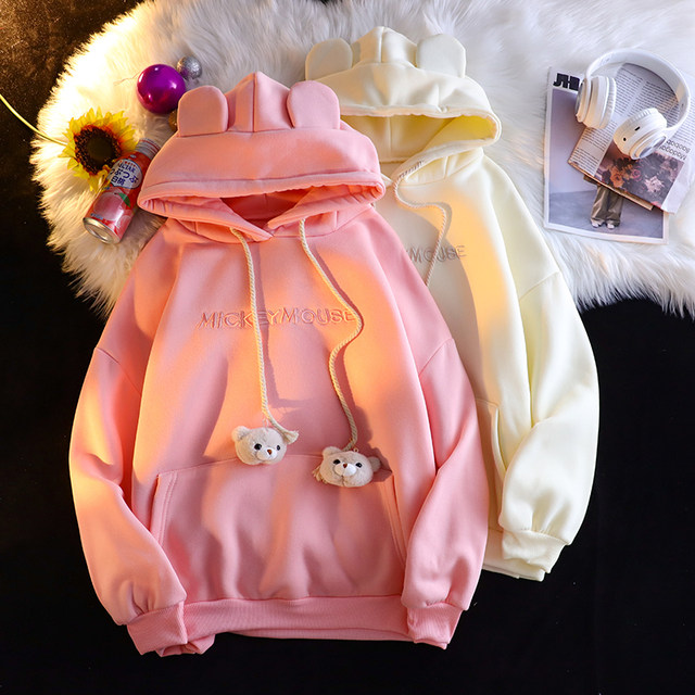 Bear Cute Rabbit Ears Sweater Women's Spring and Autumn Oversize Hooded Thin Jacket Style Korean Loose Lazy Top