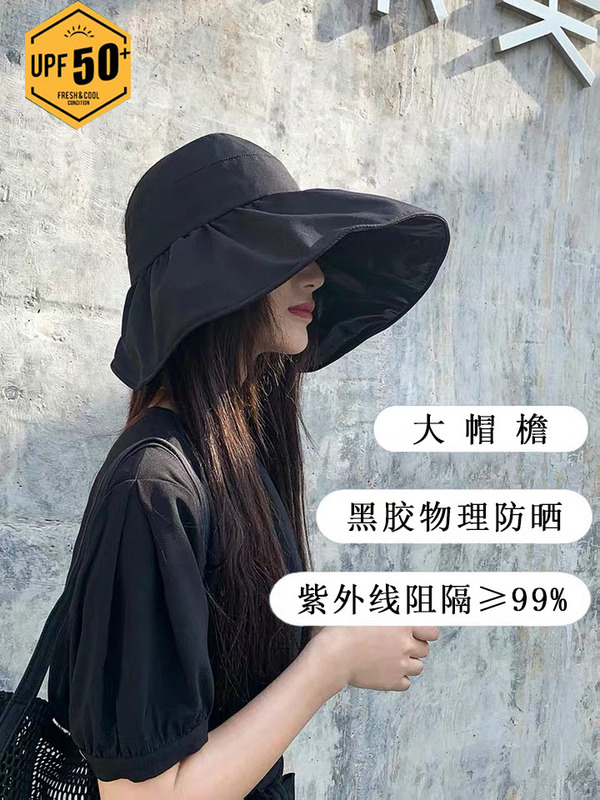 Japanese Uv Protection Visor Hat for Women, Summer Thin Black-Coated Sunshade, Korean Style Versatile Sun Protection Face-Covering Sun Hat