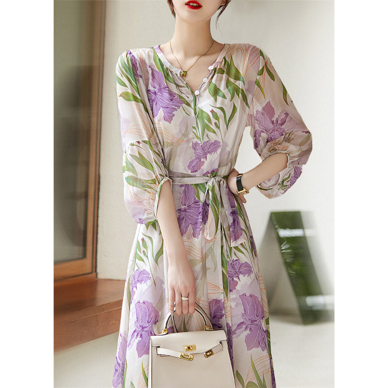 Purple - tail - tail - flower embraces this slim sunshine taste high waist independent belt silk print