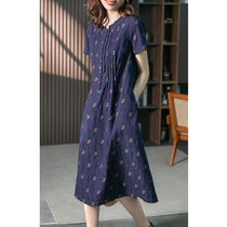 Retro Temperament Shade of Flesh Shade Large A Character Pure Cotton Short Sleeve Summer Comfort Single Row Button level Visual Effects