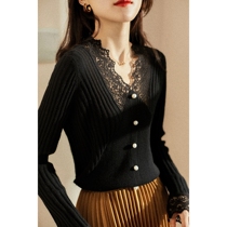 Early autumn can be single wearing a bottom wool cashmere good lap knitwear lace V necklace with single row of pearl buttoned faciaters