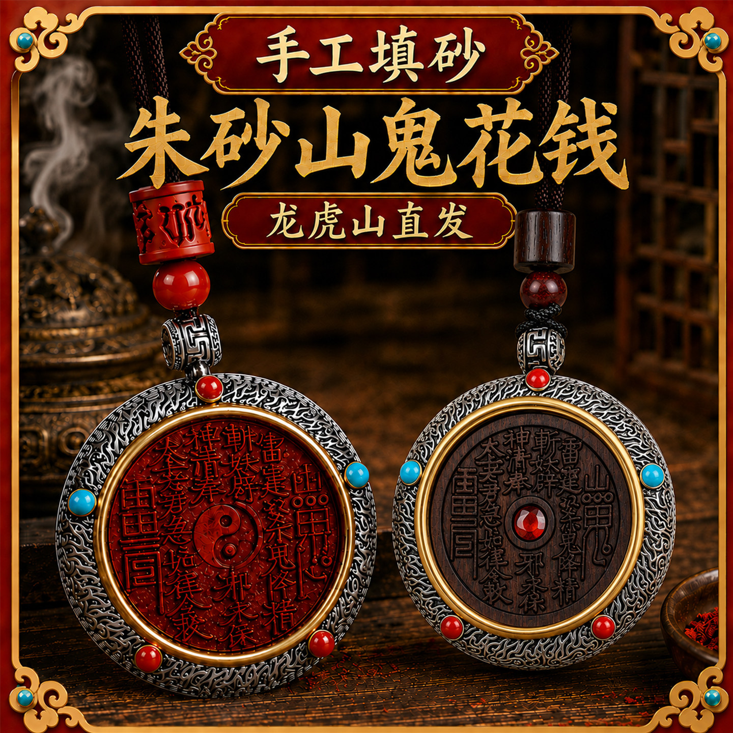 龍虎山硃砂山鬼花錢八卦吊墜項鍊