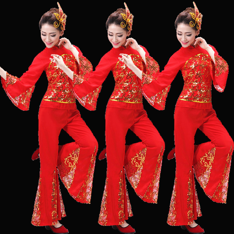 Chinese folk dance dress for women Folk dance costume, female middle-aged and elderly fan dance performance costume, Yangko suit, waist drum square dance suit, red