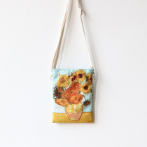 The set of oblique cross small bag female Van Gogh oil painting Sunflower canvas bag mini adjustable shoulder portable mobile phone bag