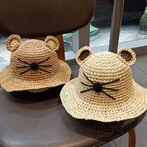 Childrens straw hat Summer cartoon cat woven hat Cute female baby Fisherman hat Boys sunscreen sun visor beach