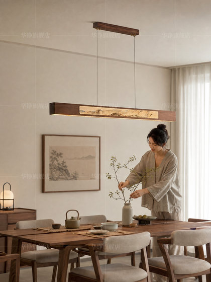 Song-Style Aesthetics, New Chinese-Style, North American Black Walnut Solid Wood Zen Tea Room Lamp, Minimalist Ambiance, Linear Dining Room Pendant Light