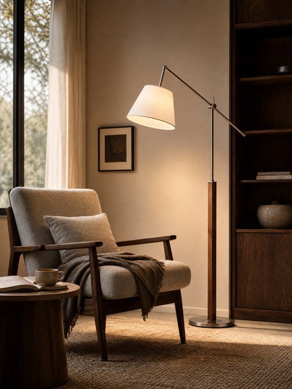 Medieval-Style Floor Lamp Next to the Sofa in the Living Room, Solid Wood Vertical Lamp, Minimalist Atmosphere in the Bedroom, Bauhaus Floor Lamp