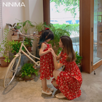 Nini Ma 2020 new retro elegant red skirt red summer flower dress parent-child dress mother and daughter dress