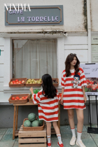 Niney Mom Summer Han Edition full of red and white striped shirt big dude T-shirt playful cute parent-child clothing
