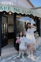 Nini Mom New Childrens Summer Clothing White Flowers Short Sleeved Lace Lace Sticking Sweet T-shirt Mother-in-Child Clothing