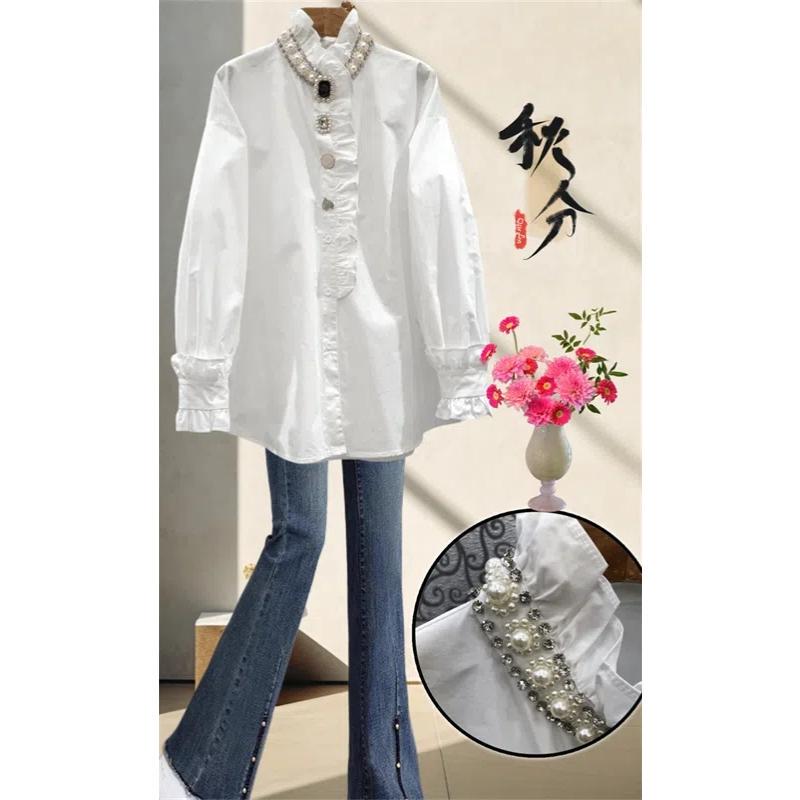 Designed with Heavy Embellishments, Rhinestones, and Beading, Ruffled Stand-Up Collar Shirt Top for Plus-Size Women, Loose-Fitting Shirt for Spring and Autumn Designed with Heavy Embellishments, Rhinestones, and Beading, Ruffled Stand-Up Collar Shirt Top for Plus-Size Women, Loose-Fitting Shirt for Spring and Autumn