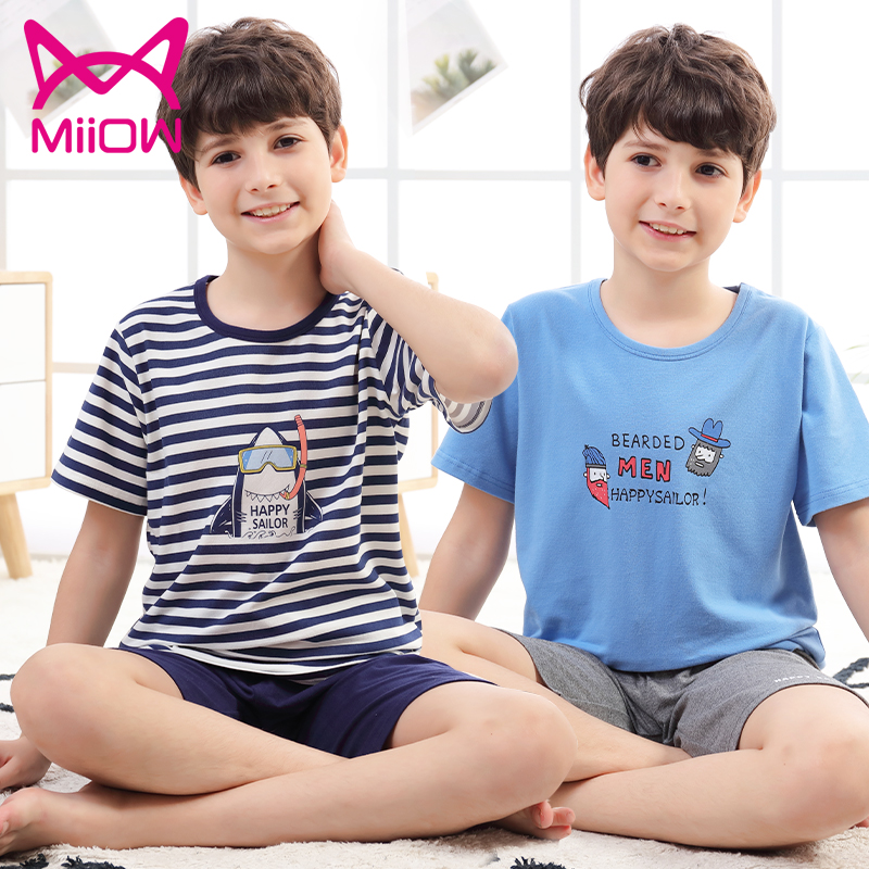 Cat people children's cotton pajamas suits boys summer thin section children's home clothes spring and summer middle and large children's air conditioning clothes