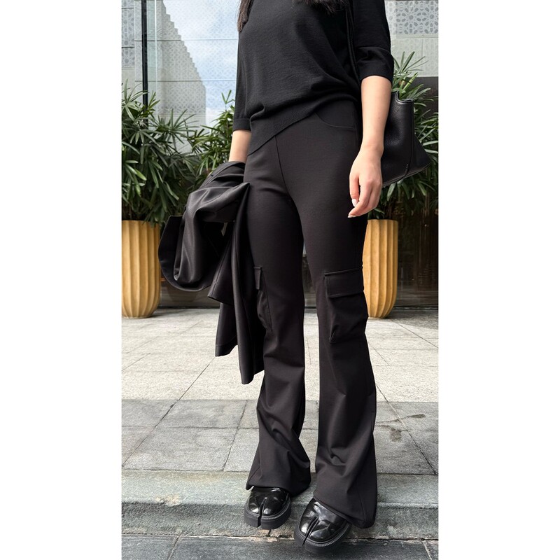 Shen Qiuqiu La Calla Elastic Waist Pocket Flared Casual Pants Women's Autumn Black Long Pants Bl-Aq11977 Shen Qiuqiu La Calla Elastic Waist Pocket Flared Casual Pants Women's Autumn Black Long Pants Bl-Aq11977
