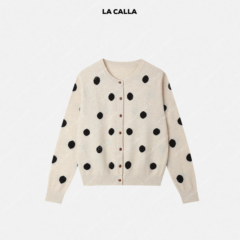 Shen Qiuqiu La Calla Polka Dot All-Wool Cardigan Round Neck Knit Sweater Autumn and Winter Top Wd-Mz-002 Shen Qiuqiu La Calla Polka Dot All-Wool Cardigan Round Neck Knit Sweater Autumn and Winter Top Wd-Mz-002