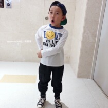 Quan Moms Family Spring Autumn Childrens Blouses Male And Female Children Smiling Face Letters Stick Cloth Embroidered Pure Cotton Long Sleeve T-shirt