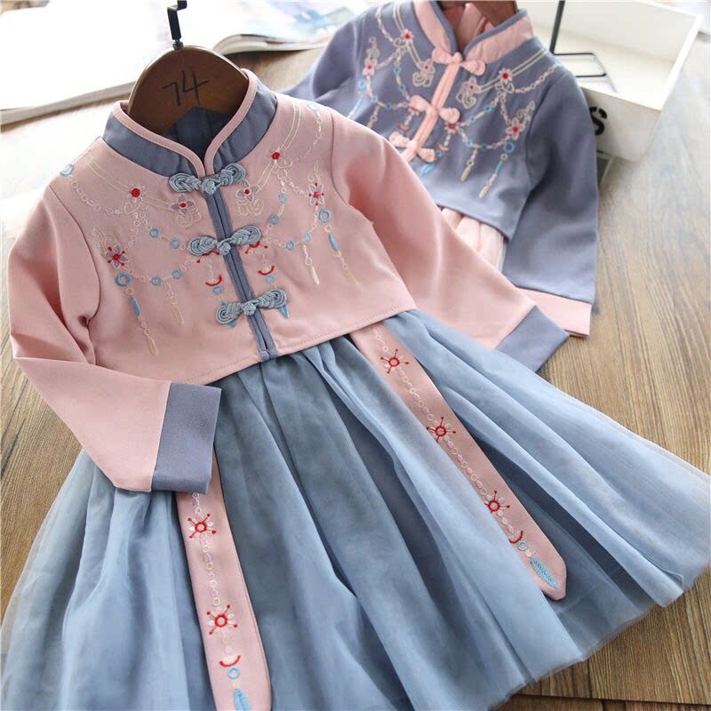 China Wind Scout Long sleeves Han Clothing Plus Suede Winter Girl 2 pieces embroidered foreign clothes baby Chinese garden clothes Korean version