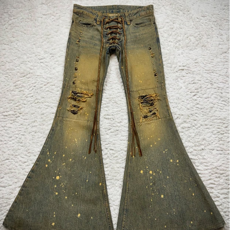 Ifsixwasnine Visual Artist Style Large Flared Jeans with Ink Splatter and Mud-Dyed Vintage Effect