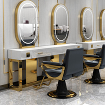 Barber shop mirror table simple high-end hair salon with lamp salon stainless steel mirror table photo studio makeup mirror table