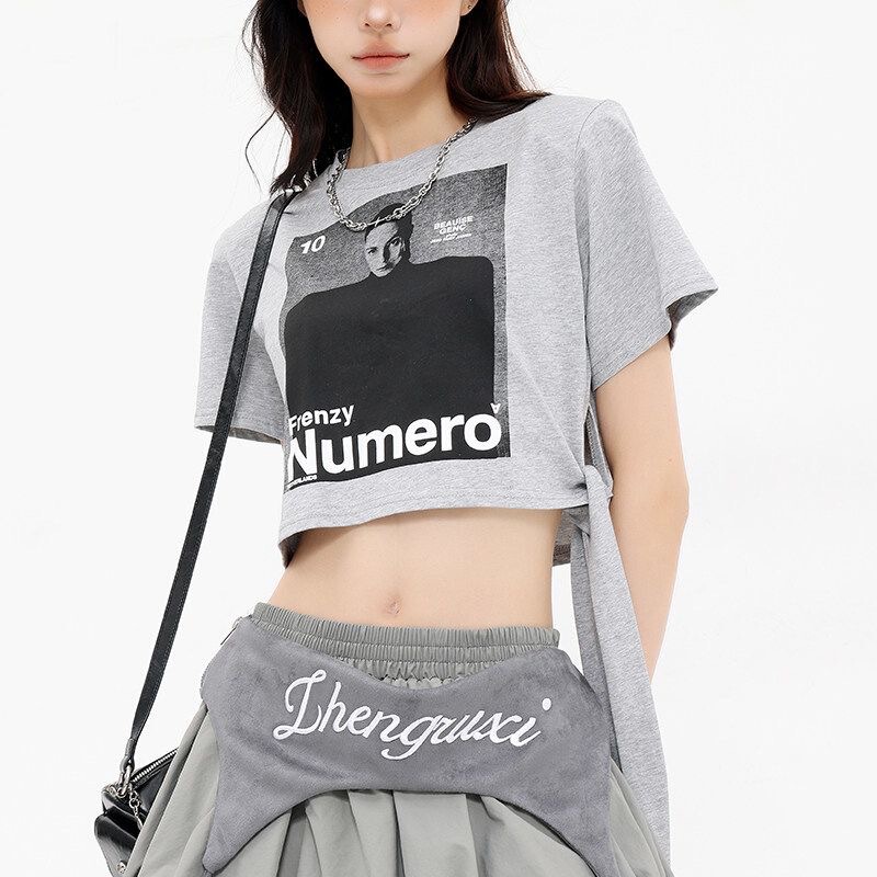 Black Pearl American-Style Portrait Print Short Lace-Up Crop Top Short-Sleeve T-Shirt for Women Slim Fit Base Shirt Top Black Pearl American-Style Portrait Print Short Lace-Up Crop Top Short-Sleeve T-Shirt for Women Slim Fit Base Shirt Top