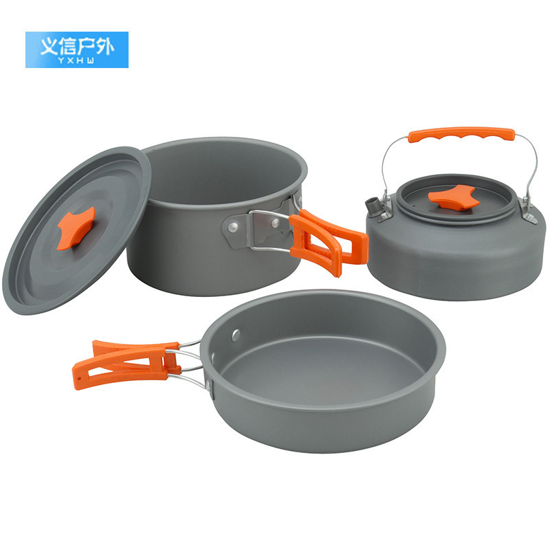Outdoor Orange 308 Sets Pan Teapot Flat Bottom Pan Combined 2-3 People Camping Cooker Kit Pan Combine Three Suits