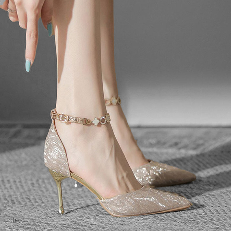 Mapping Hong Kong High-End Light Luxury Closed-Toe High-Heeled Sandals for Women, Summer Single-Strap Pointed Toe Stiletto Fashion High Heels