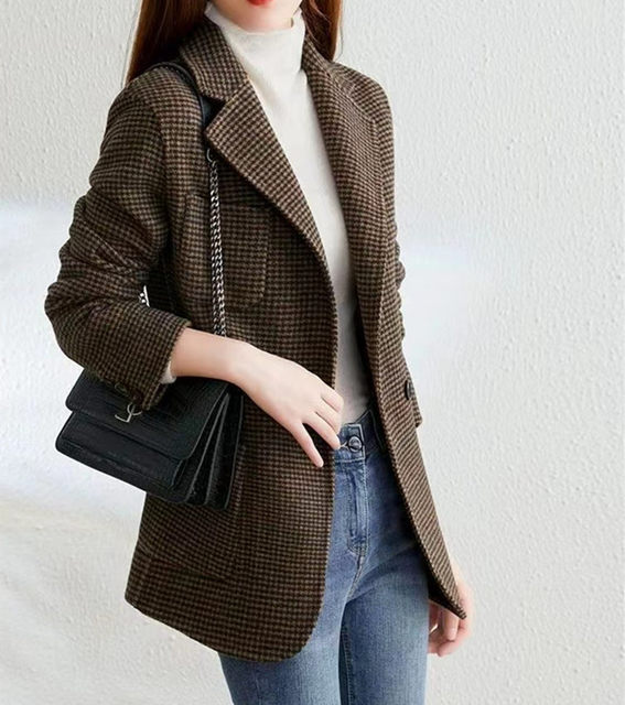 2022 autumn and winter new woolen houndstooth temperament suit jacket women's popular casual all-match fashion tops