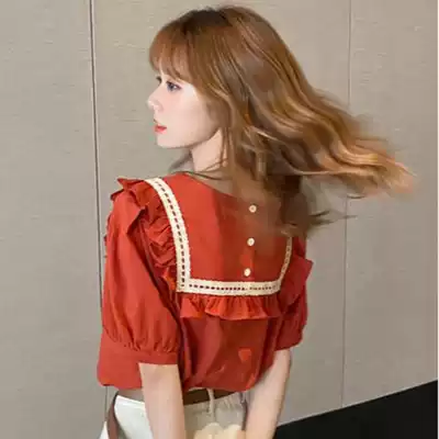 French bubble sleeve t shirt women's coat 2021 summer New ins design sense niche short sleeve round neck stitching