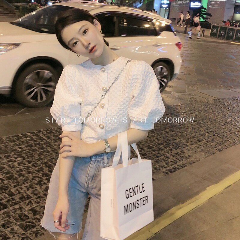 Face-style Design Sensation Small Frock Sleeve Shirt Woman Blouse 2023 Summer New Short short sleeve foreign air hoodie-Taobao