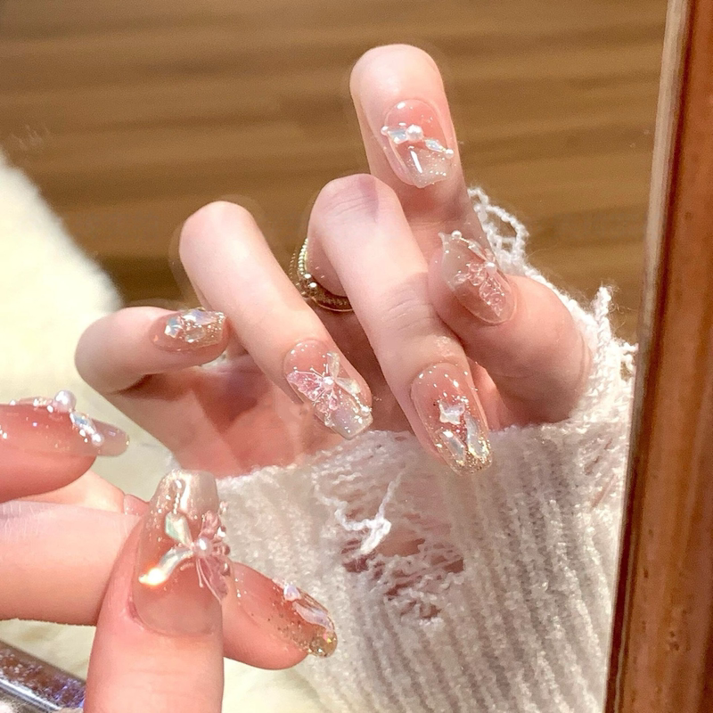 Colorful Butterfly Fairy Champagne Cat Eye Handmade Wearable Nails with 3D Rhinestones, Butterfly Pearls, Gradient Nude Color, Removable False Nails Colorful Butterfly Fairy Champagne Cat Eye Handmade Wearable Nails with 3D Rhinestones, Butterfly Pearls, Gradient Nude Color, Removable False Nails