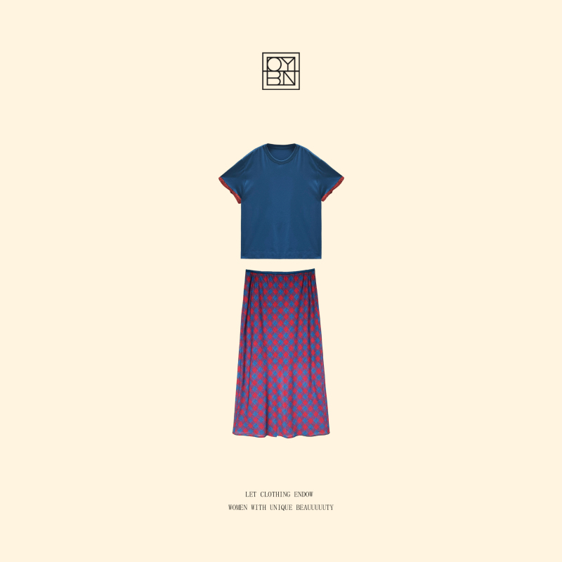 Oybn Ouyang Beini【Half-Sugar Style】Slightly Plus-Size Color-Blocked Short-Sleeve T-Shirt and Skirt Two-Piece Set 954