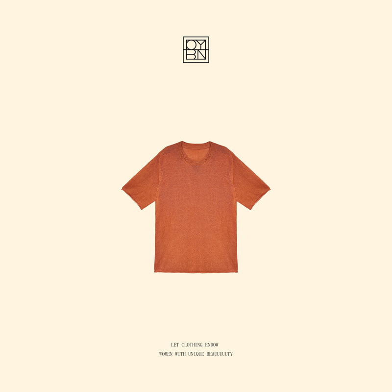 Oybn Ouyang Beini【Orange Sea】Slightly Plus-Size Retro Casual Round-Neck Knit T-Shirt 9539