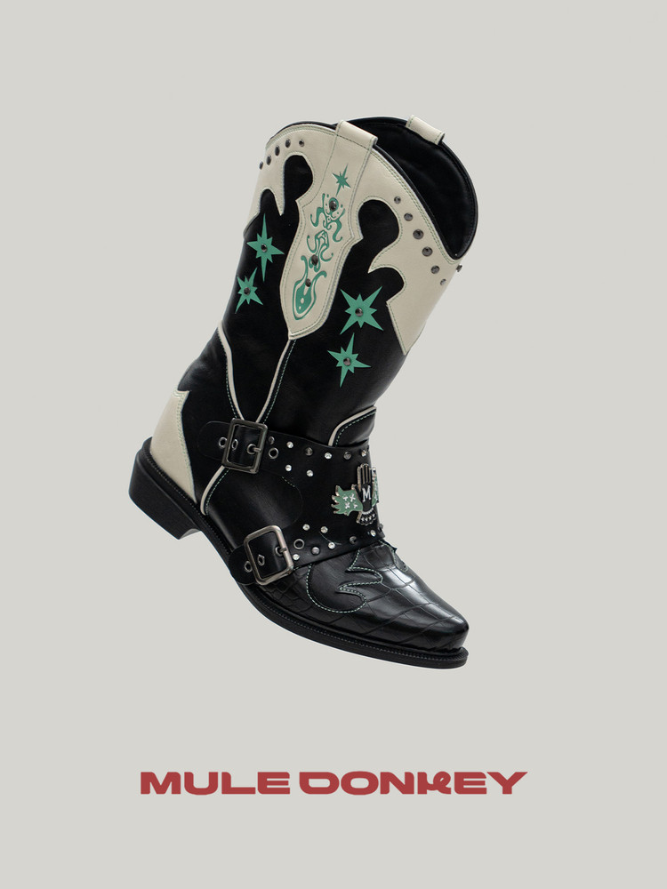 Donkey Donkey black and white V-mouth short boots women's winter thick-soled boots Western boots color-blocked pointed-toe knight boots