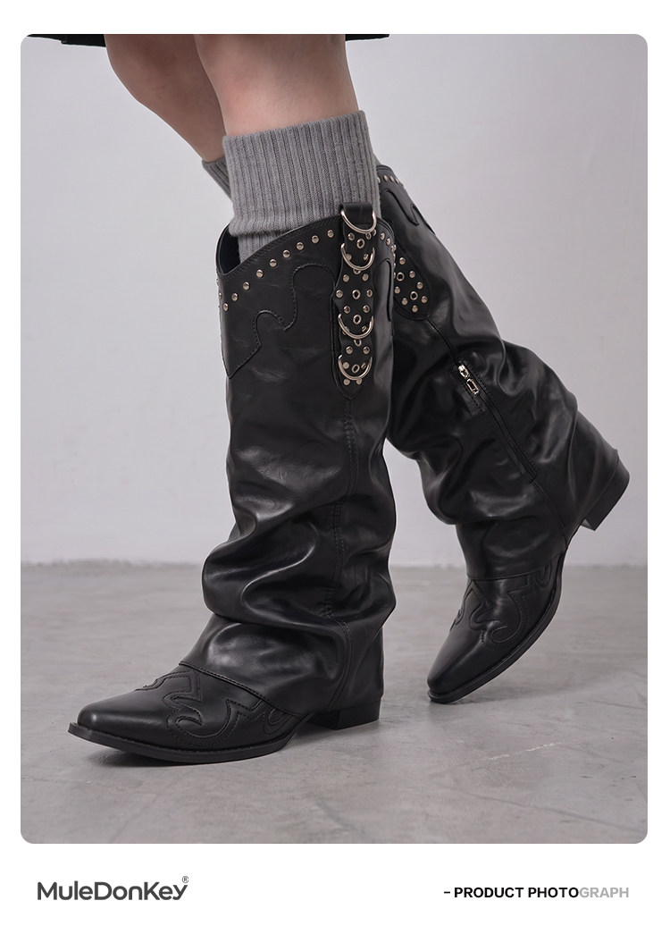 Mule Donkey Studded Belted Over-The-Knee Western Boot