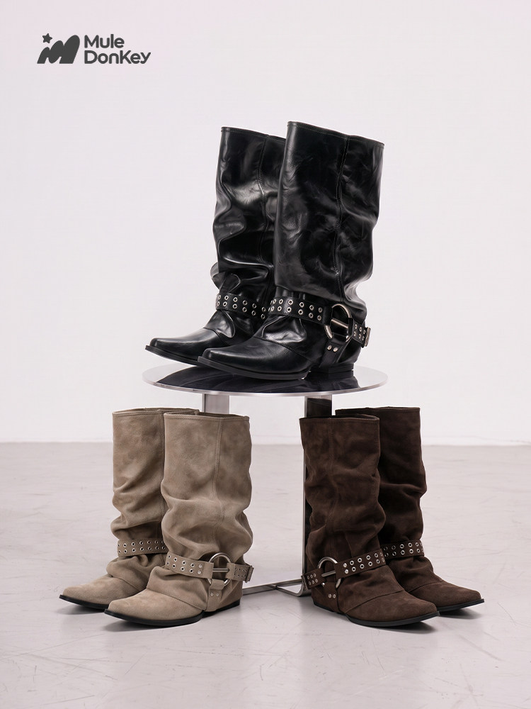 Mule Donkey Suede Pointed-Toe Mid-Calf Western Boot