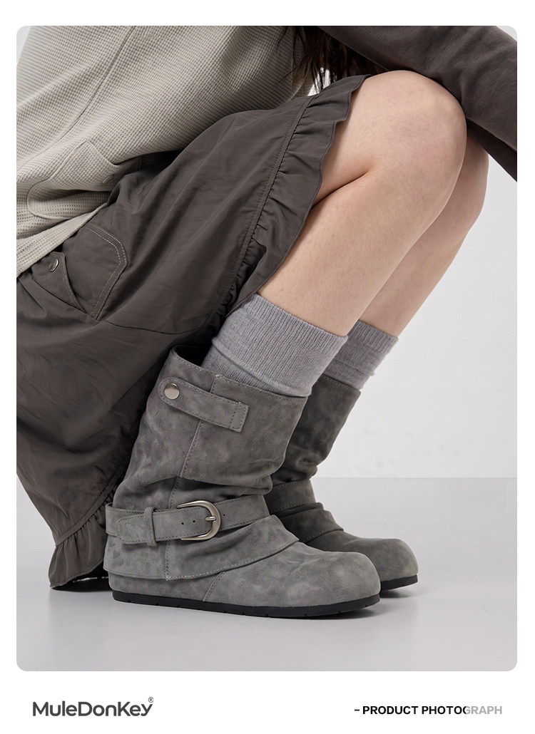 Mule Donkey Suede Buckle Strap Slouch Boot