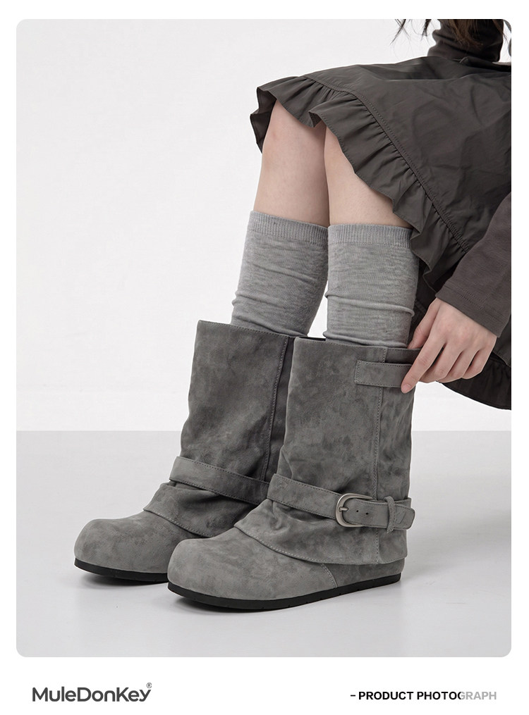 Mule Donkey Suede Buckle Strap Slouch Boot