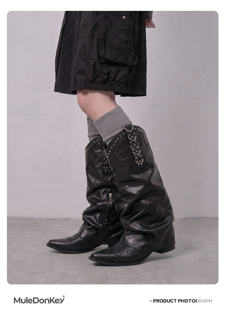 Mule Donkey Studded Belted Over-The-Knee Western Boot