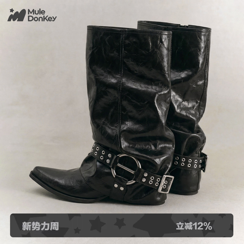 Donkey Black Slouch Boots for Women, Vintage Pointed-Toe Riding Boots, Pleated Trouser-Leg Mid-Calf Western Cowboy Boots Donkey Black Slouch Boots for Women, Vintage Pointed-Toe Riding Boots, Pleated Trouser-Leg Mid-Calf Western Cowboy Boots