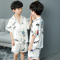 Childrens pajamas summer foreign style new boys ice silk short-sleeved thin home clothes big boy boys summer suit