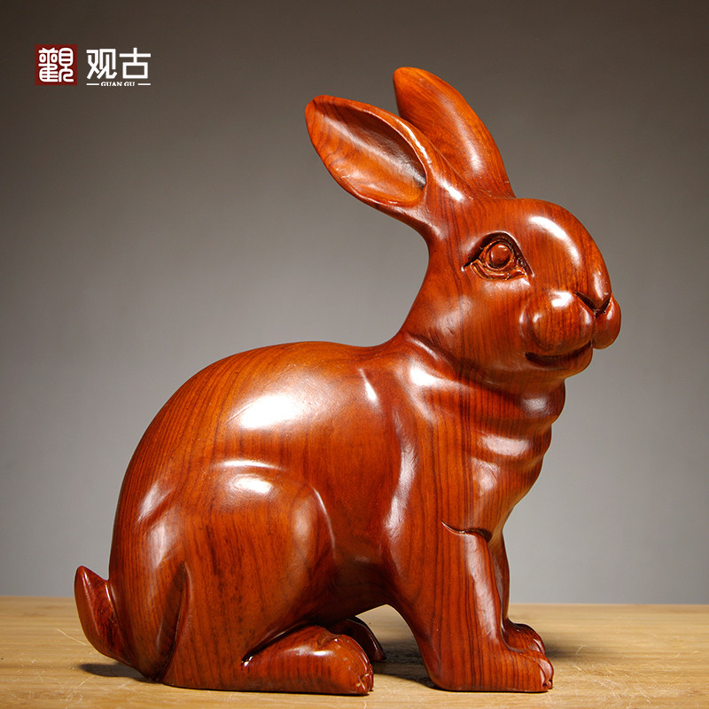 Rosewood carved rabbit ornaments Solid wood animal carving Zodiac Rabbit Home living room decorations Mahogany crafts