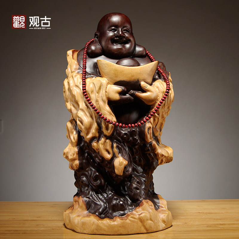 Black sandalwood engraved Millerver root sculptures Yuanyu Yuanbao Smiling Buddha Red Wood Home Living Room Decoration Craft Gift Pendulum and Gift Hem