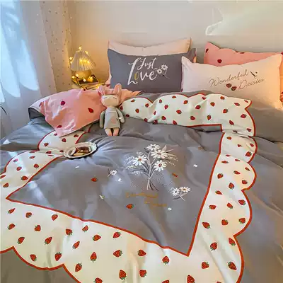 Ins Wind Sweetheart Strawberry Wash Cotton Bed Cover 1 5m Dirty Resistant Girls Single Bed Sheet quilt cover Four Piece Set