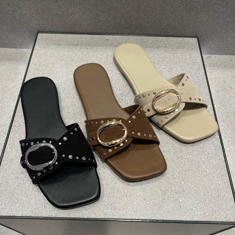 Cherlte&Khllt26 New Summer Style 70381231 Women's Rivet Square-Toe Flat-Soled Casual Slippers